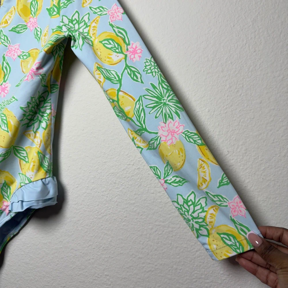 Lilly Pulitzer Girls Denning Rashguard Swimsuit 12 Blue Make Lemonade UPF 50+